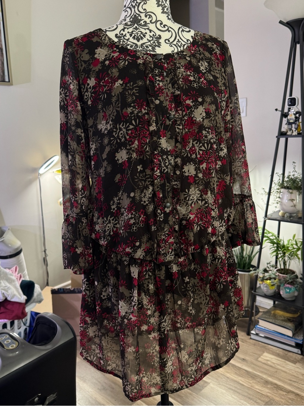 Mexx Black Sheer Floral Tiered Long-Sleeve Dress with Burgundy Accents